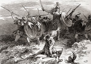 Een scène uit William Shakespeares toneelstuk Troilus en Cressida, Act V, Scene 10, Achilles: Sla, kameraden, sla, dit is de man die ik zoek, uit De Werken van William Shakespeare, gepubliceerd 1896 door Gordon Frederick Browne